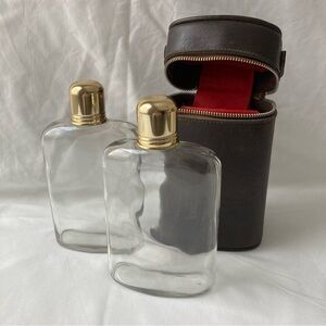 Vintage Mid-Century Travel Leather Flask Carrier With 2 Glass Flasks Bar Decor